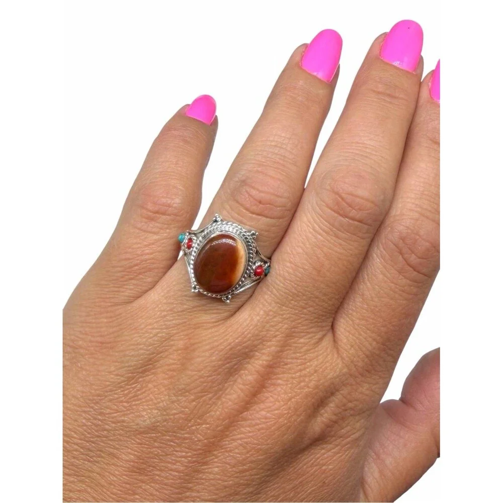 Red Moss Agate Coral & Turquoise Ring Size 7.5 Solid 925 Sterling Silver